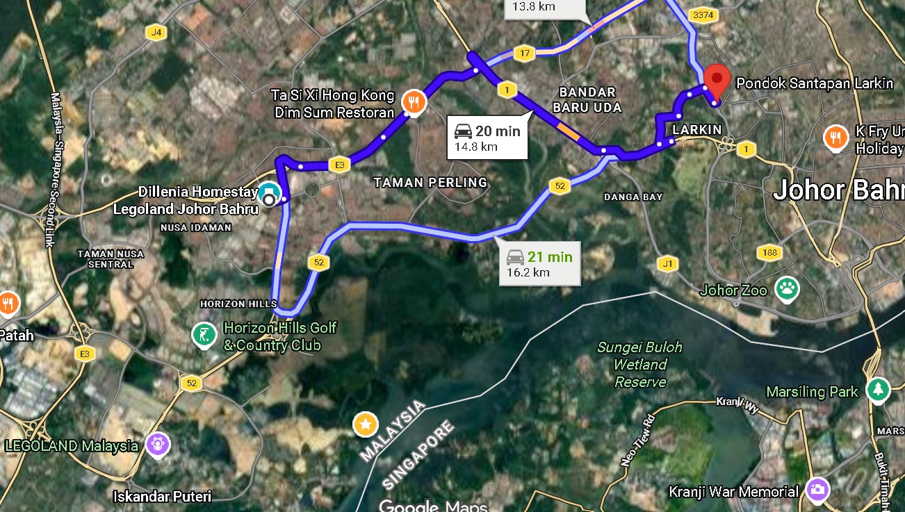 Lokasi Tempat makan sarapan best di Johor Bahru : Dillenia Homestay ke Pondok Santapan - Maps